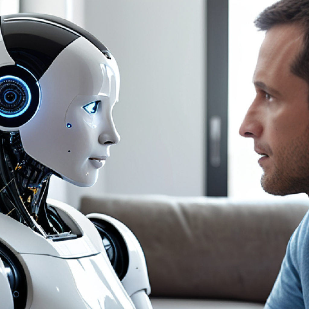 **

A compassionate robot attentively listening to a person expressing stress, with visual cues representing algorithm processing of keywords and vocal tone. The background is a modern, comfortable living space. Focus on empathy and support.

**