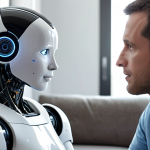 **

A compassionate robot attentively listening to a person expressing stress, with visual cues representing algorithm processing of keywords and vocal tone. The background is a modern, comfortable living space. Focus on empathy and support.

**