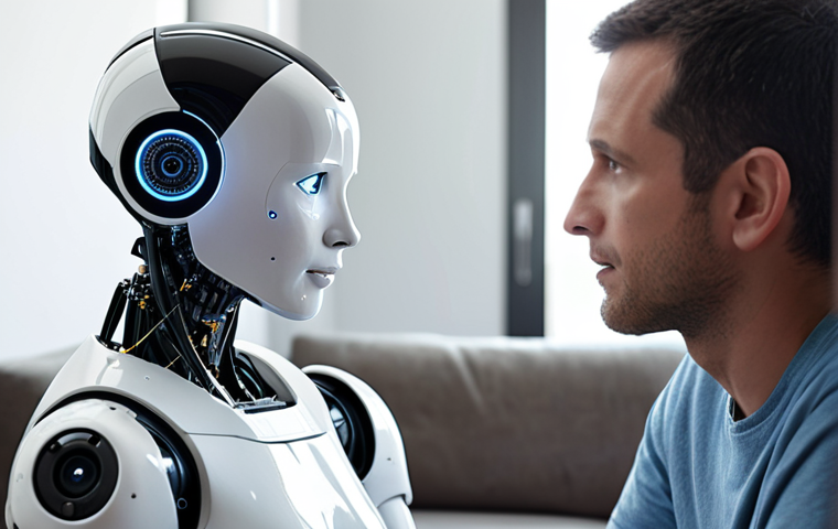 **
A compassionate robot attentively listening to a person expressing stress, with visual cues representing algorithm processing of keywords and vocal tone. The background is a modern, comfortable living space. Focus on empathy and support.
**