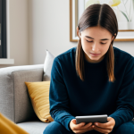 A calm young adult, fully clothed in modest, comfortable attire, interacts with a digital mental health support application on a tablet in a cozy, private living room. Soft, diffused lighting creates a serene atmosphere. The focus is on the user's peaceful expression and the clear, user-friendly interface on the screen. The scene conveys accessibility and comfort in seeking digital assistance. safe for work, appropriate content, fully clothed, family-friendly, perfect anatomy, correct proportions, natural pose, well-formed hands, proper finger count, natural body proportions, professional photography, high quality.
