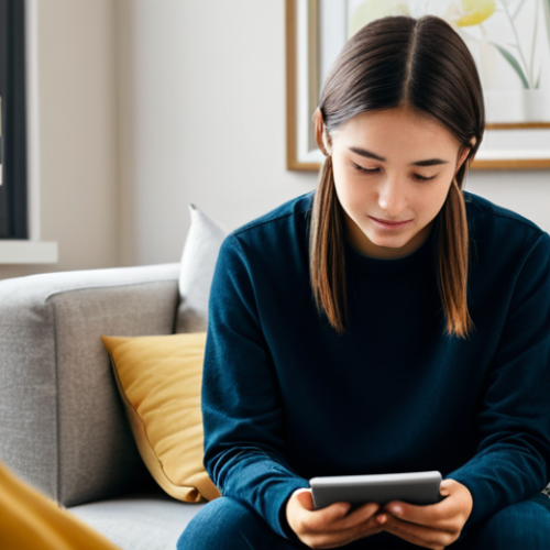 Home 14 A calm young adult, fully clothed in modest, comfortable attire, interacts with a digital mental health support application on a tablet in a cozy, private living room. Soft, diffused lighting creates a serene atmosphere. The focus is on the user's peaceful expression and the clear, user-friendly interface on the screen. The scene conveys accessibility and comfort in seeking digital assistance. safe for work, appropriate content, fully clothed, family-friendly, perfect anatomy, correct proportions, natural pose, well-formed hands, proper finger count, natural body proportions, professional photography, high quality.