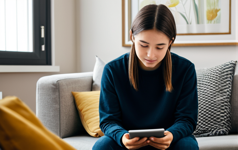 A calm young adult, fully clothed in modest, comfortable attire, interacts with a digital mental health support application on a tablet in a cozy, private living room. Soft, diffused lighting creates a serene atmosphere. The focus is on the user's peaceful expression and the clear, user-friendly interface on the screen. The scene conveys accessibility and comfort in seeking digital assistance. safe for work, appropriate content, fully clothed, family-friendly, perfect anatomy, correct proportions, natural pose, well-formed hands, proper finger count, natural body proportions, professional photography, high quality.