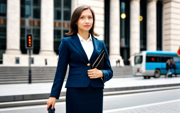 **
A professional woman, late 20s, fully clothed in a stylish yet modest business suit (think a tailored blazer and knee-length skirt), standing confidently in front of the Warsaw Stock Exchange. The background includes blurred city traffic and modern architecture. Appropriate attire, safe for work, perfect anatomy, correct proportions, natural pose, professional photography, high quality, well-formed hands, proper finger count, family-friendly.
**