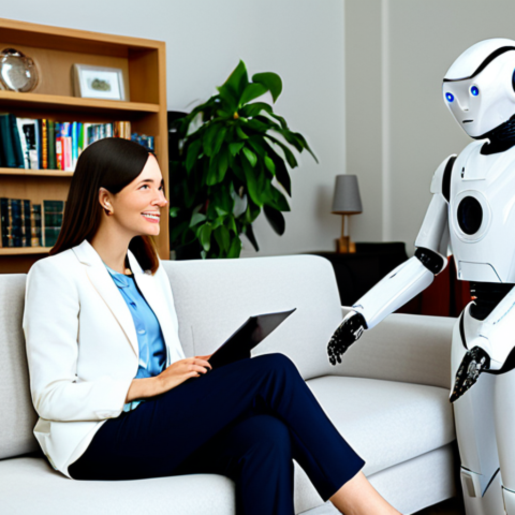 Modern Woman & Robot Psychologist Consultation**
"A professional Polish woman in her early 30s, fully clothed in a modest, stylish business casual outfit (e.g., blazer, blouse, and trousers), sitting comfortably on a modern sofa in a bright, cozy living room. She is engaged in a conversation with a sleek, friendly-looking robot psychologist (imagine a minimalist, non-threatening design, perhaps resembling a friendly lamp or speaker). The background includes bookshelves, plants, and soft, diffused light, creating a welcoming and safe atmosphere. The scene evokes a sense of calm and well-being. Safe for work, appropriate content, family-friendly, perfect anatomy, natural proportions, professional, modest clothing, high-quality rendering."
**