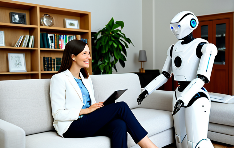 Modern Woman & Robot Psychologist Consultation**
"A professional Polish woman in her early 30s, fully clothed in a modest, stylish business casual outfit (e.g., blazer, blouse, and trousers), sitting comfortably on a modern sofa in a bright, cozy living room. She is engaged in a conversation with a sleek, friendly-looking robot psychologist (imagine a minimalist, non-threatening design, perhaps resembling a friendly lamp or speaker). The background includes bookshelves, plants, and soft, diffused light, creating a welcoming and safe atmosphere. The scene evokes a sense of calm and well-being. Safe for work, appropriate content, family-friendly, perfect anatomy, natural proportions, professional, modest clothing, high-quality rendering."
**