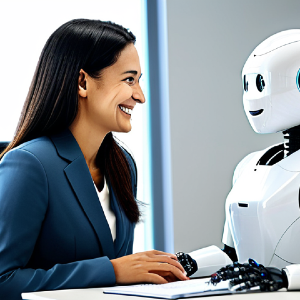 **
"A modern, brightly lit office. A friendly looking, humanoid robot is sitting across from a fully clothed woman in modest business casual attire. The woman is smiling slightly, engaged in conversation with the robot. The scene emphasizes a helpful and professional, yet somewhat sterile environment. Safe for work, appropriate content, professional setting, perfect anatomy, well-formed hands, natural pose."
**