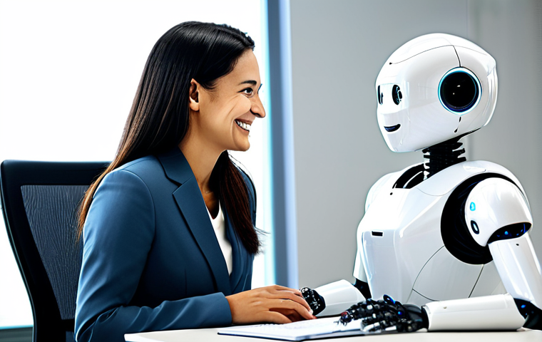 **
"A modern, brightly lit office. A friendly looking, humanoid robot is sitting across from a fully clothed woman in modest business casual attire. The woman is smiling slightly, engaged in conversation with the robot. The scene emphasizes a helpful and professional, yet somewhat sterile environment. Safe for work, appropriate content, professional setting, perfect anatomy, well-formed hands, natural pose."
**