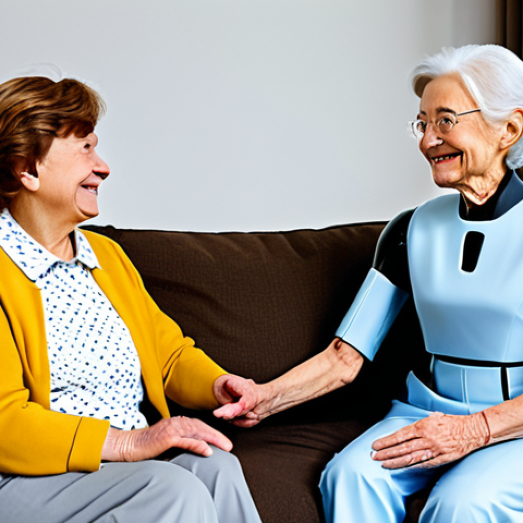 Robot Companion for Elderly**
"A friendly, humanoid robot, fully clothed in a modest, caregiver-like uniform, sitting next to a smiling elderly woman in a cozy living room, appropriate content, safe for work, perfect anatomy (for the woman), natural proportions, professional photography, well-lit, promoting companionship, family-friendly."
**