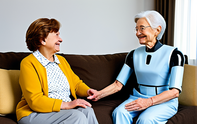 Robot Companion for Elderly**
"A friendly, humanoid robot, fully clothed in a modest, caregiver-like uniform, sitting next to a smiling elderly woman in a cozy living room, appropriate content, safe for work, perfect anatomy (for the woman), natural proportions, professional photography, well-lit, promoting companionship, family-friendly."
**