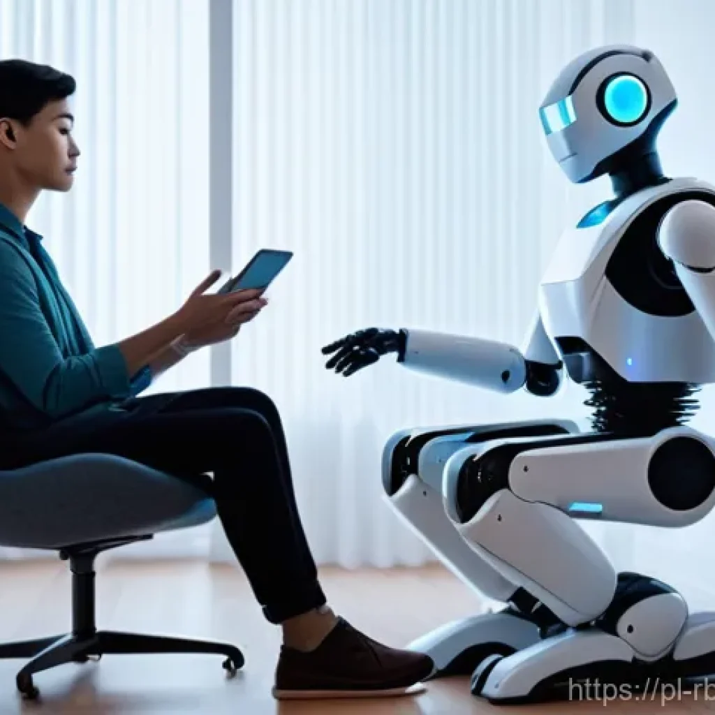 로봇 심리상담에서의 개인정보 처리 - A futuristic therapy session in a softly lit, minimalist room. A young adult, dressed in comfortable...