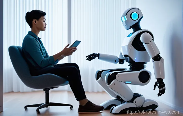 로봇 심리상담에서의 개인정보 처리 - A futuristic therapy session in a softly lit, minimalist room. A young adult, dressed in comfortable...