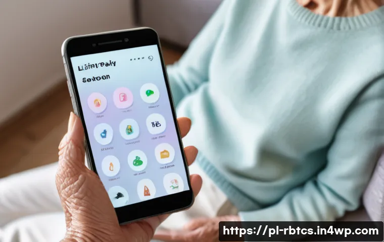 로봇 심리상담의 사용자 친화성 - A modern therapeutic robot interface displayed on a smartphone held by an elderly Polish woman in a ...