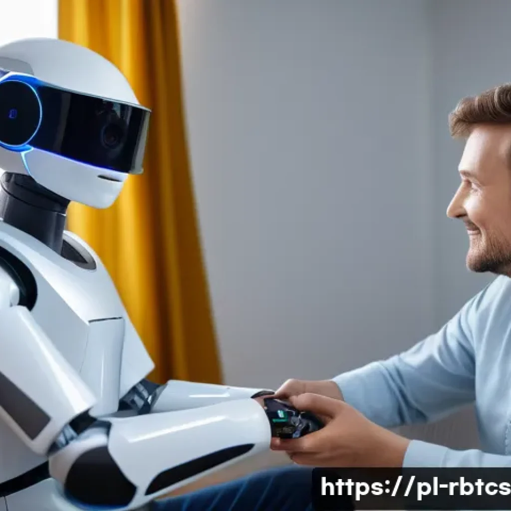 로봇 심리상담의 기술적 통합 - A futuristic therapeutic robot interacting with a middle-aged Polish patient in a cozy, modern livin...