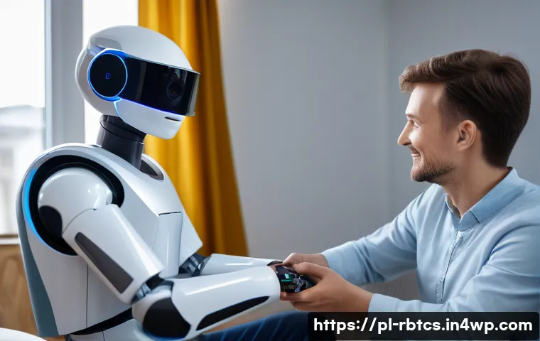 로봇 심리상담의 기술적 통합 - A futuristic therapeutic robot interacting with a middle-aged Polish patient in a cozy, modern livin...