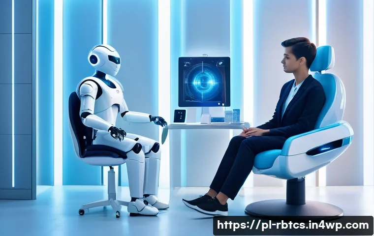 로봇 심리상담의 심리적 안정성 제공 - A futuristic therapy room featuring a humanoid robot therapist interacting empathetically with a you...
