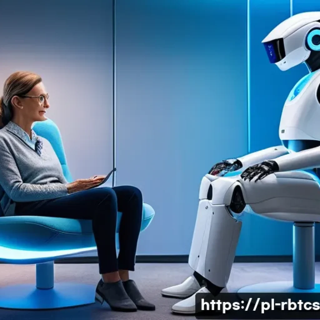 로봇 심리상담의 자아 탐색 기법 - A futuristic therapy room featuring a sleek humanoid robot psychologist engaging in a warm, empathet...