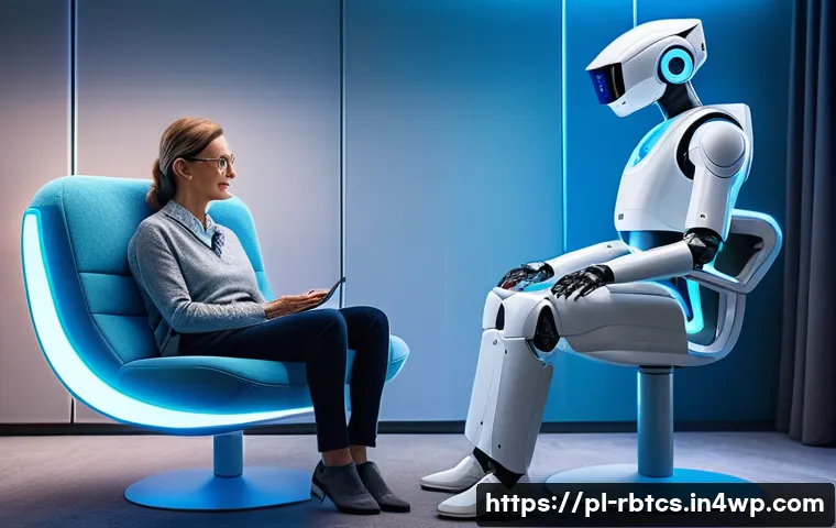 로봇 심리상담의 자아 탐색 기법 - A futuristic therapy room featuring a sleek humanoid robot psychologist engaging in a warm, empathet...