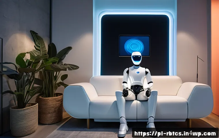 로봇 심리상담의 심리적 지원 방법 - A futuristic therapy room in a modern Polish apartment, featuring a sleek, humanoid robot with soft ...