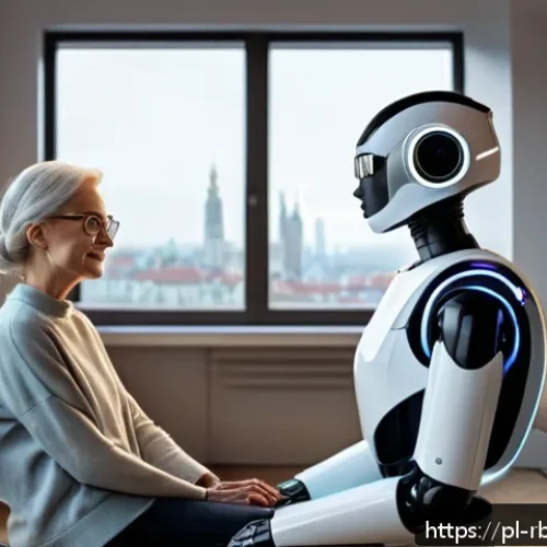 Home 33 로봇 심리상담의 고객 경험 최적화 방안 - A futuristic therapy robot designed for Polish users, sitting in a cozy modern room with warm lighti...