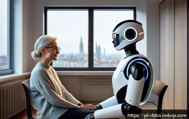 로봇 심리상담의 고객 경험 최적화 방안 - A futuristic therapy robot designed for Polish users, sitting in a cozy modern room with warm lighti...
