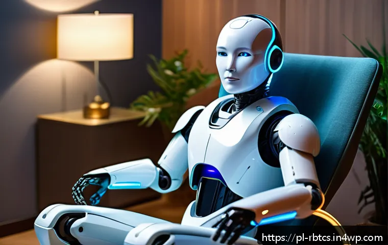 로봇 심리상담의 최신 기술 트렌드 - A futuristic therapy room featuring a sleek, humanoid robot with gentle facial expressions and soft ...