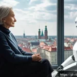 Home 19 로봇 심리상담의 고객 피드백 분석 - A modern therapy room in a cozy Polish apartment, featuring a middle-aged woman comfortably seated a...