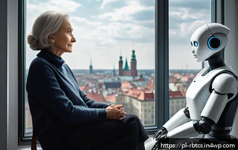 로봇 심리상담의 고객 피드백 분석 - A modern therapy room in a cozy Polish apartment, featuring a middle-aged woman comfortably seated a...