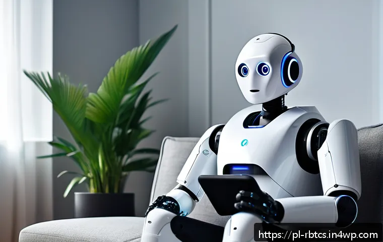 심리 상담을 위한 로봇의 기술 발전 - A modern therapeutic robot designed to provide emotional support, depicted in a cozy, softly lit hom...