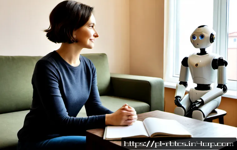 Home 17 로봇 심리상담이 지원하는 주요 심리 치료 기법 - Photorealistic scene of a friendly compact counseling robot and an adult Polish woman seated across ...