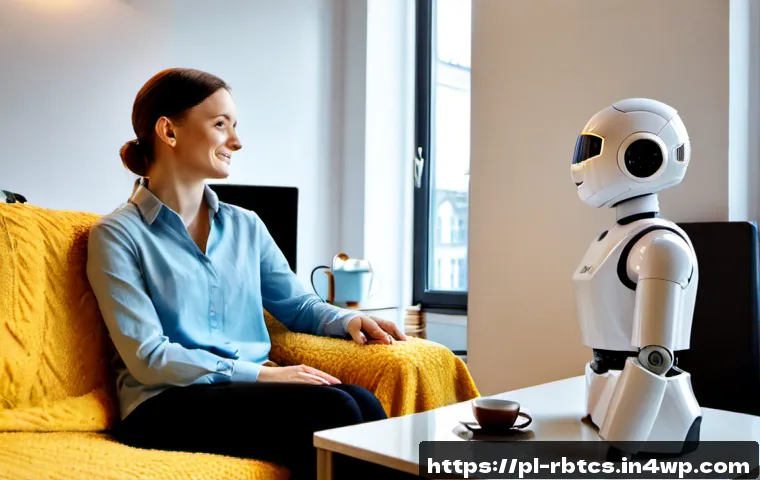 Home 30 로봇 심리상담이 해결할 수 있는 문제들 - Photorealistic scene of a friendly white tabletop counseling robot with a softly glowing face screen...